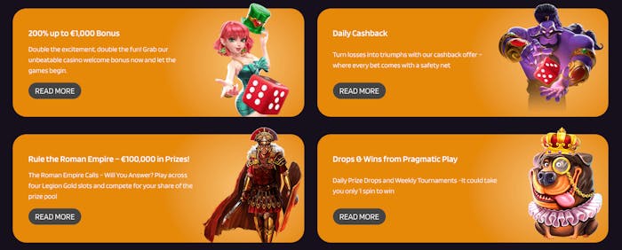 Bland bonuserbjudanden hos Red Dice finns bland annat daglig cashback, insättningsbonus på 200 procent upp till 1000 euro samt drops and wins.