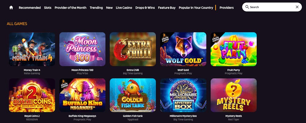 Populära speltitlar som Money Train 4, Fruit Party, Golden Fish Tank och Buffalo King Megaways finns i Red Dice Casinos utbud.