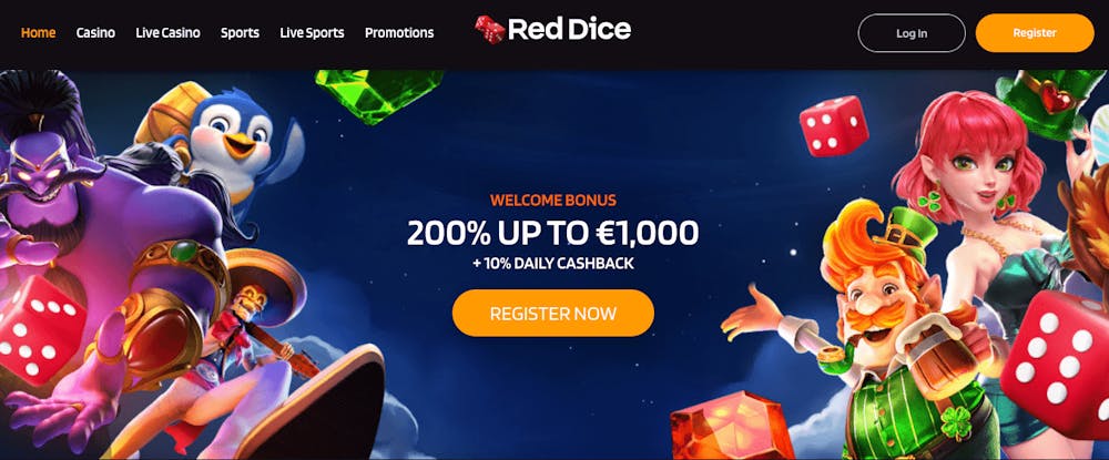 Välkomstbonusen på 200 procent upp till 1000 euro skyltas direkt på Red Dice Casinos startsida. Här avslöjas också att det finns såväl casino som betting. Registreringsknappen har sin givna plats uppe i högra hörnet.