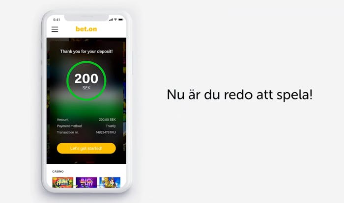 En insättning till ett casino med Trustly är slutförd i en smartphone.