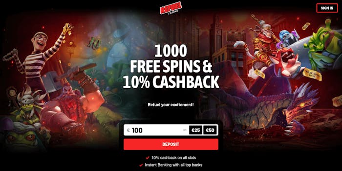 På startsidan hos Refuel Casino är bonusarna i fokus. Här visas att du kan få 1000 free spins samt 10 procent cashback. I bakgrunden finns mängder med karaktärer från de olika spelen som finns hos casinot.