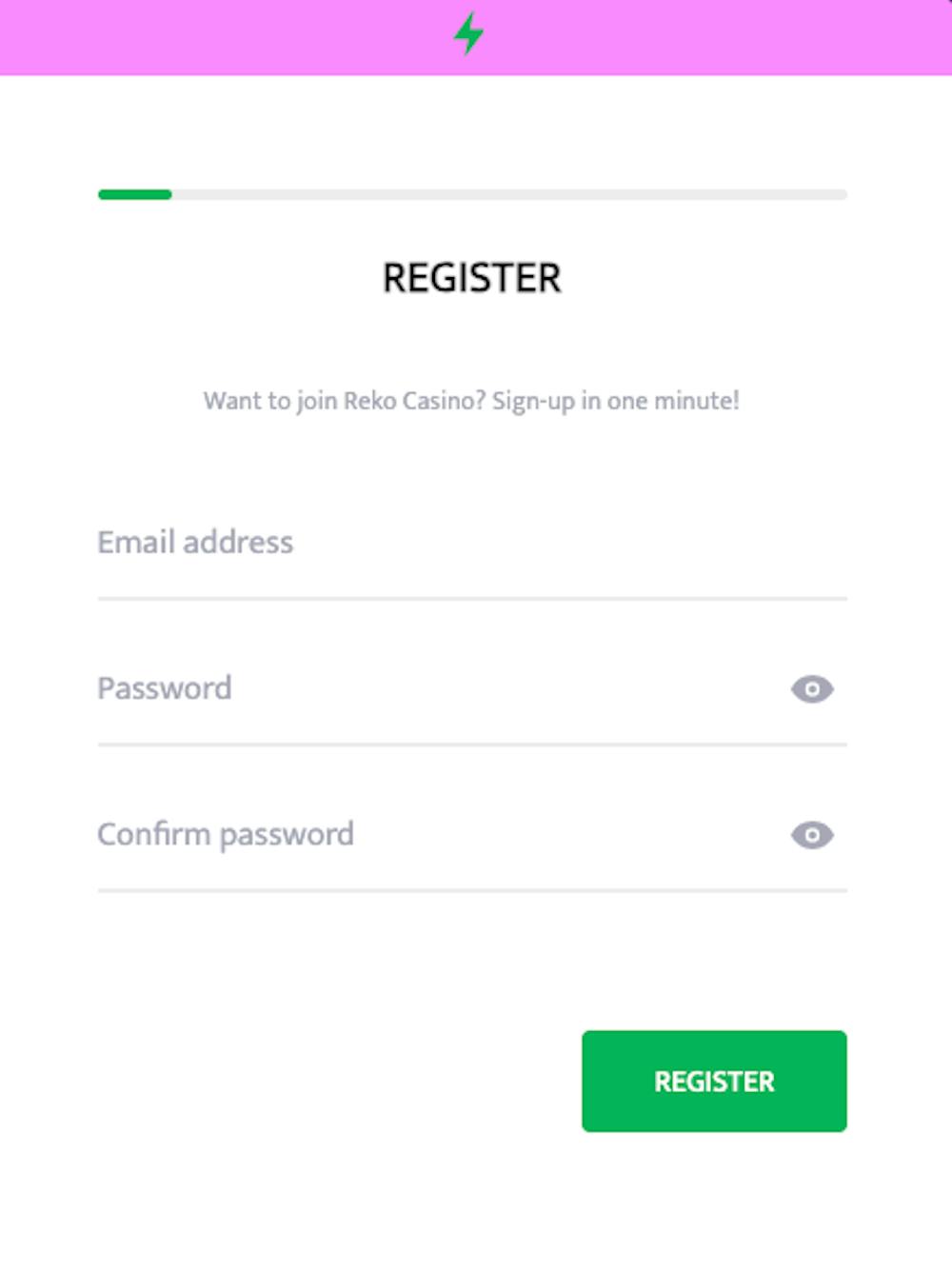 Fyll i e-postadress och välj ett lösenord för att starta registreringsprocessen hos Reko Casino.
