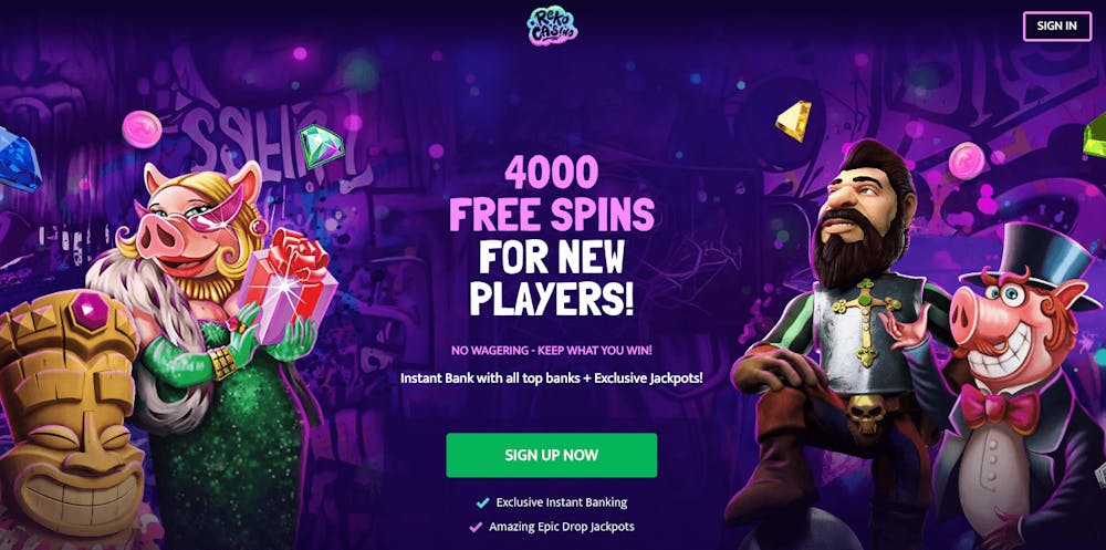 Startsidan hos Reko Casino indikerar att det finns ett bonuserbjudande med 4000 free spins för nya spelare.