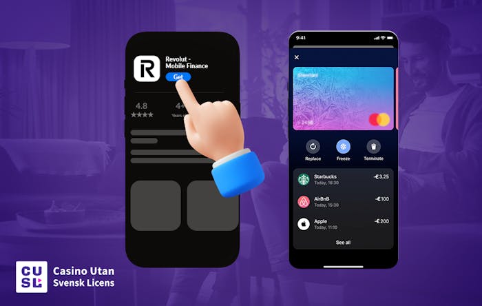 Hur man laddar ner Revolut-appen samt hur den ser ut i mobilen.