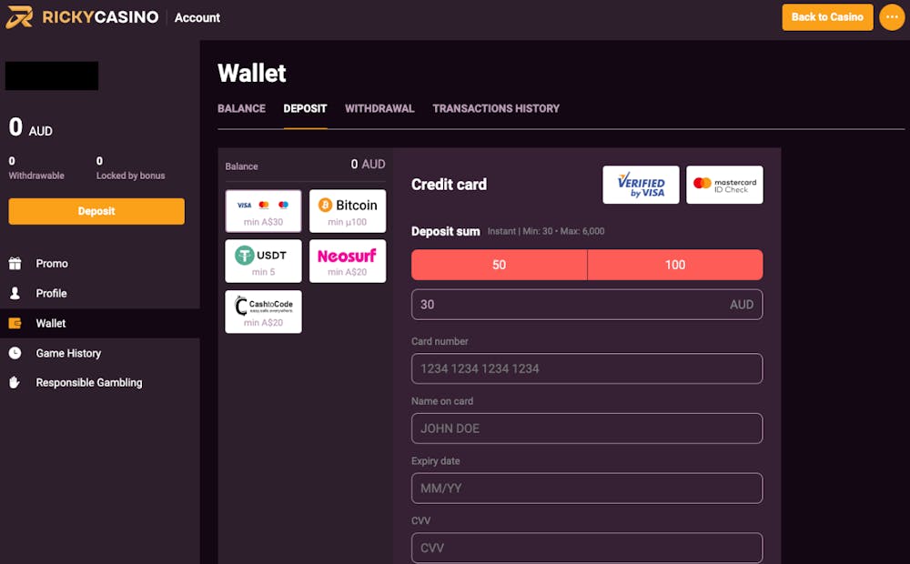 Screenshot of deposit example at Ricky Casino