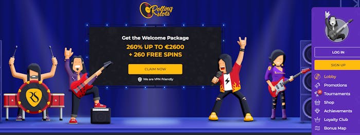 Startsidan hos Rolling Slots