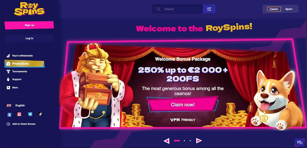 Första sidan som möter dig när du går in på RoySpins Casino.