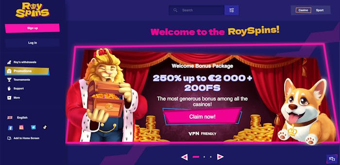 Första sidan som möter dig när du går in på RoySpins Casino.