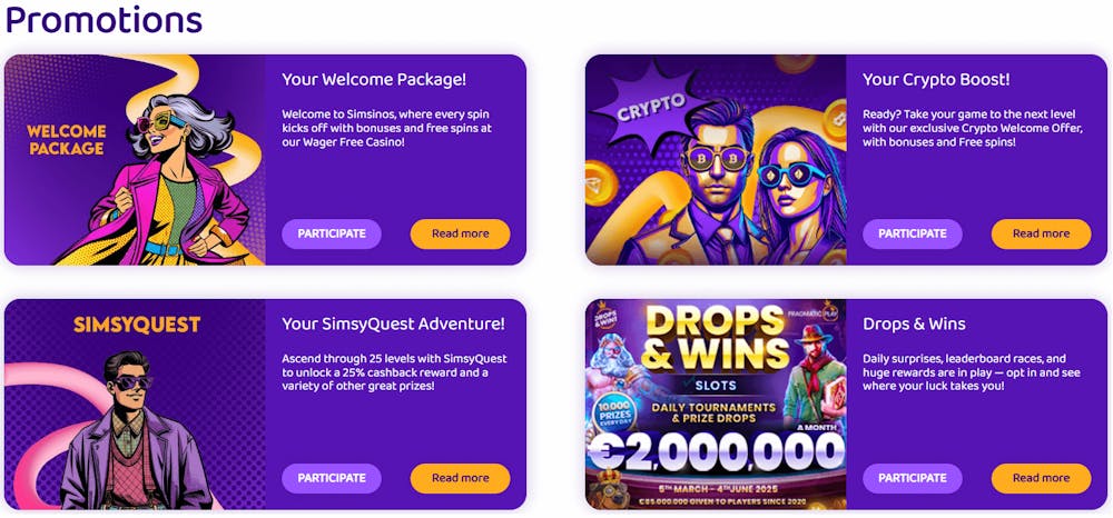 Olika erbjudanden och bonusar på Simsino Casino.