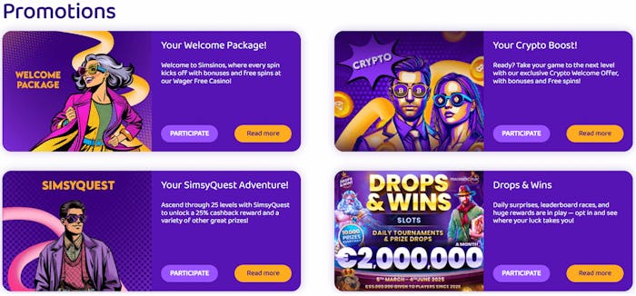 Olika erbjudanden och bonusar på Simsino Casino.