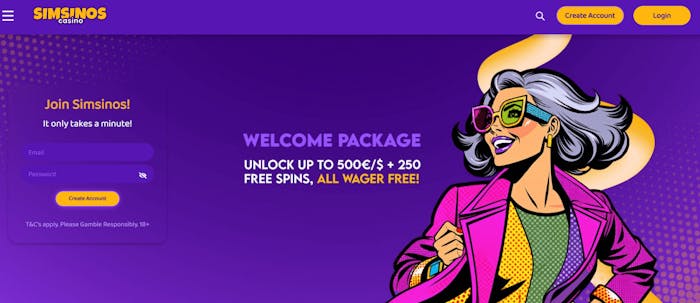 Startsidan på Simsino Casino.
