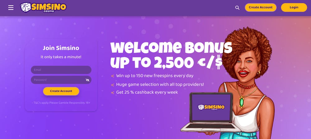 Startsidan hos Simsino Casino