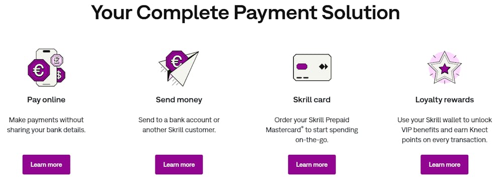 Fördelar med att använda Skrill: Du kan göra säkra betalningar online, smidigt överföra pengar, använda ett förbetalt kort och bli belönad ju mer du använder tjänsten.
