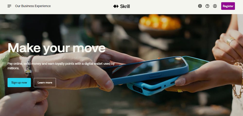 Startsidan hos Skrill. Du kan använda tjänsten till att göra smidiga insättningar till ett Skrill casino utan svensk licens.