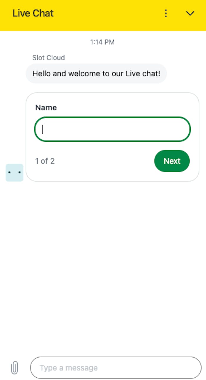 Slot Cloud har en livechatt vilken kan nås genom att fylla i namn och klicka på Next.