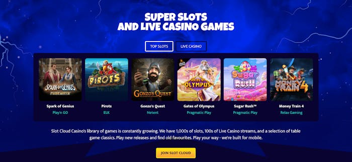 Spelautomater som Money Train 4, Gates of Olympus och Spark of Genius finns på Slot Cloud Casino.