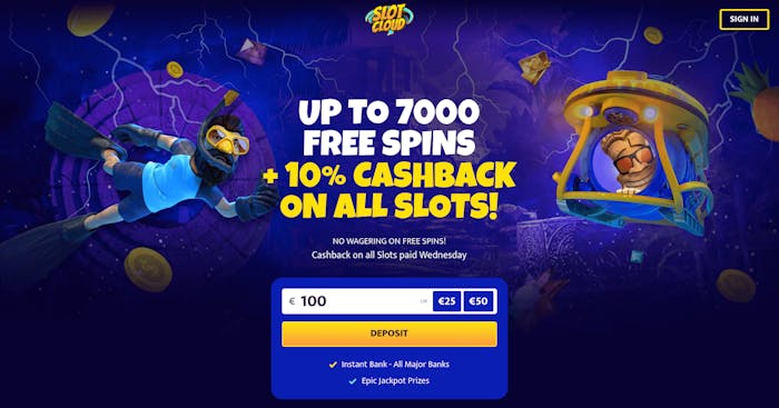 På Slot Clouds startsida är välkomsterbjudandet på upp till 7000 free spins i fokus. Här finns också ett formulär för snabba insättningar.