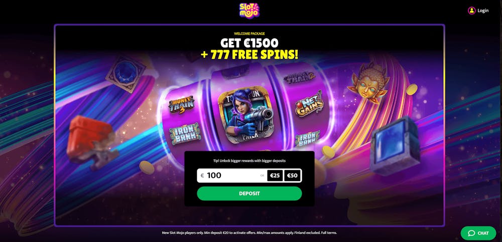 Förstasidan hos Slot Mojo casino med presenterat bonuserbjudande. 