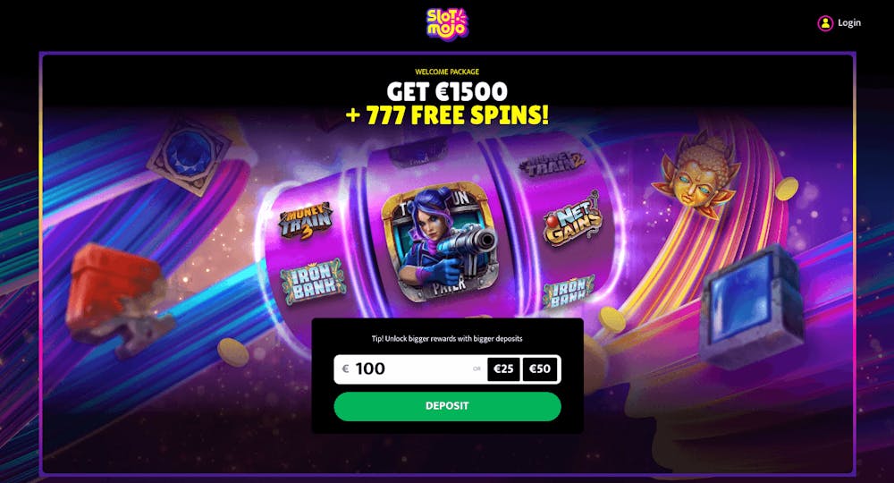 Slot Mojo Casino välkomstpaket: Få upp till 1500 euro och 777 gratis spins. Skärm med spelautomater som Money Train, Iron Bank och Net Gains, samt insättningsalternativ för att låsa upp större belöningar.