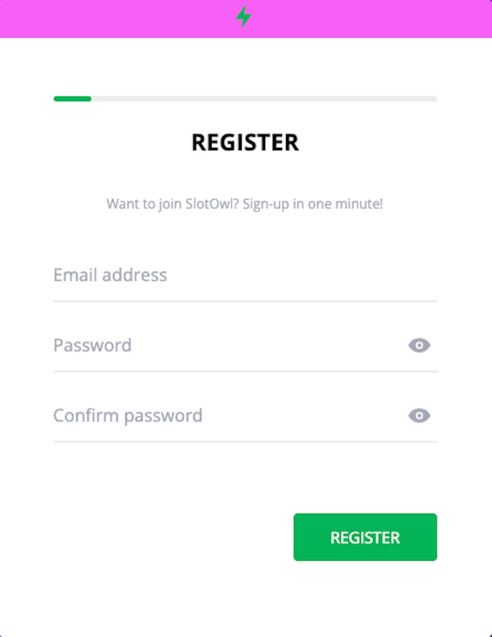 Inled registreringen hos Slot Owl genom att fylla i e-postadress och lösenord.