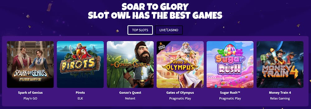 Populära slots hos Slotowl är bland andra Gonzo's Quest, Gates of Olympus och Sugar Rush.