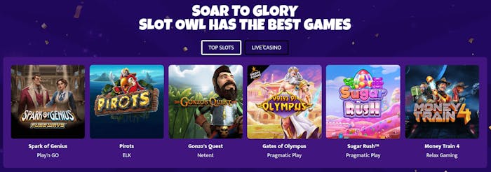 Populära slots hos Slotowl är bland andra Gonzo's Quest, Gates of Olympus och Sugar Rush.