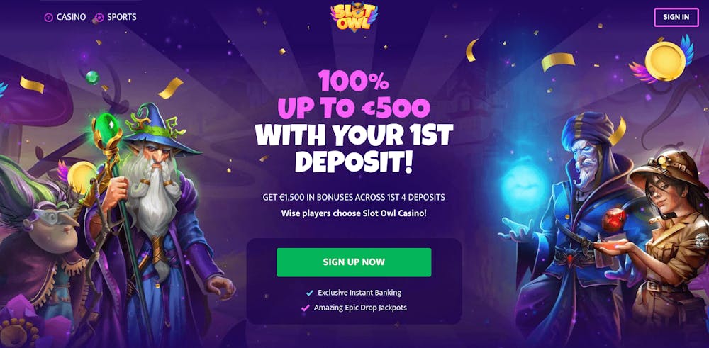 På Slot Owl Casinos startsida visas det stora välkomsterbjudandet på 100 procent upp till 500 euro. Här finns också meny för både casino och sports.