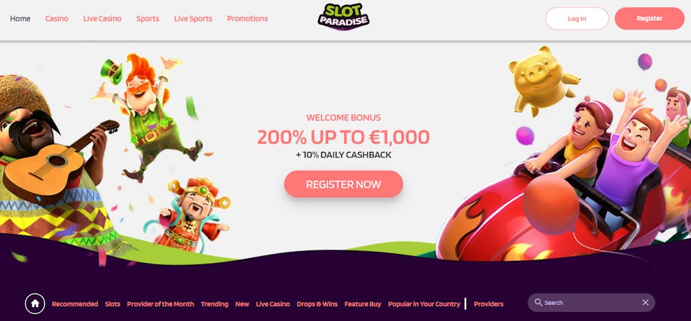 Startsidan på Slot Paradise Casino.