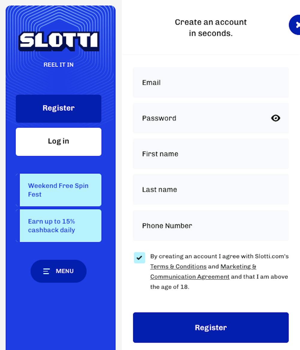 Bilden visar hur man skapar ett konto på Slotti Casino. Fyll i e-postadress, lösenord, för- och efternamn samt telefonnummer.