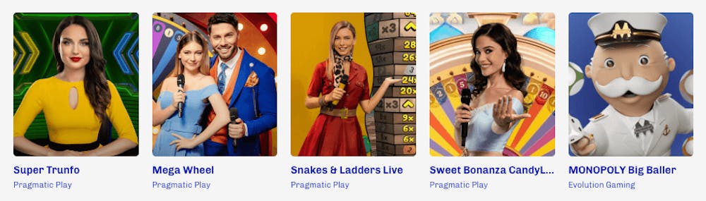 I Slotti live casino finns bland annat spelshower. Här syns populära titlar som Sweet Bonanza Candyland och Monopoly Big Baller.