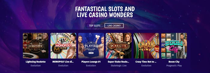 I SlotWish livecasino finns titlar som Monopoly Live och Boom City.