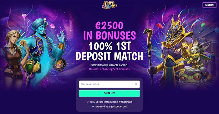 Slot Wish Casinos startsida pryds av fantasifigurer och välkomsterbjudandet på 2500 euro. Även en ruta för snabbregistrering finns här.