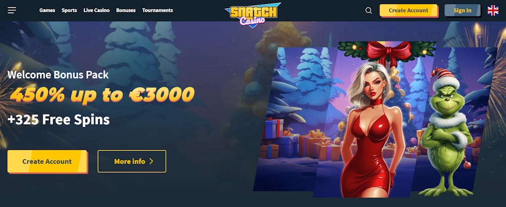 Startsidan hos Snatch Casino.