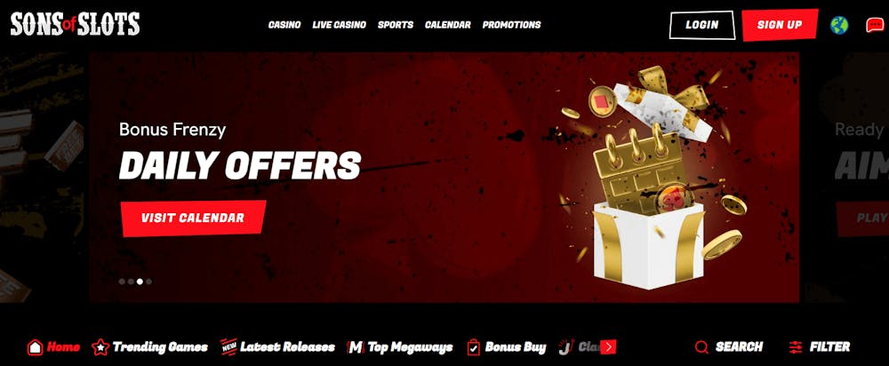 Startsidan på Sons of Slots Casino.