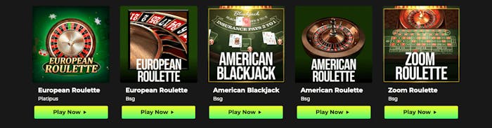 Här visas fem olika bordsspel hos Space Fortuna Casino. Spela European Roulette, American Blackjack eller Zoom Roulette genom att klicka på knappen Play Now som finns placerad under respektive spel.