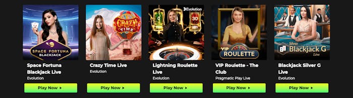 Space Fortuna har ett live casino. Här visas bland andra Crazy Time Live och Space Fortuna Blackjack Live. Spela genom att klicka på knappen Play Now.
