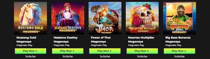 Här visas några Megaways slots hos Space Fortuna, inklusive Mustang Gold Megaways och Big Bass Bonanza Megaways. Tryck på Play Now, alternativt Try For Fun för att testa spelen gratis.