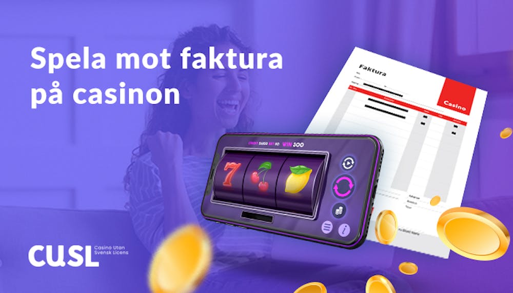 I bilden visas en glad kvinna som spelar casino på faktura. 