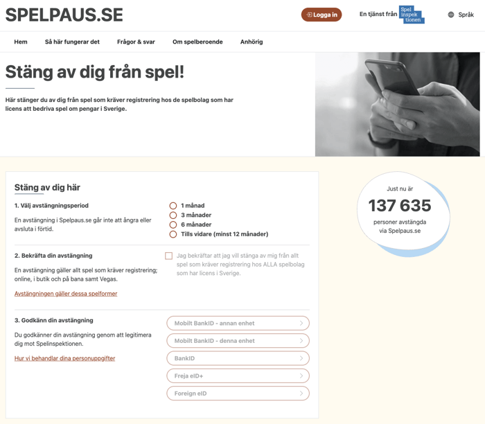 Spelpaus startsida som visar hur man stänger av sig från spel samt hur många som är avstängda via verktyget just nu.