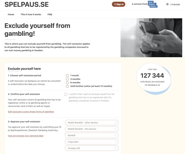 The form to fill out on Spelpaus to exclude yourself from gambling.