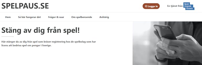 Hemsidan för tjänsten Spelpaus.