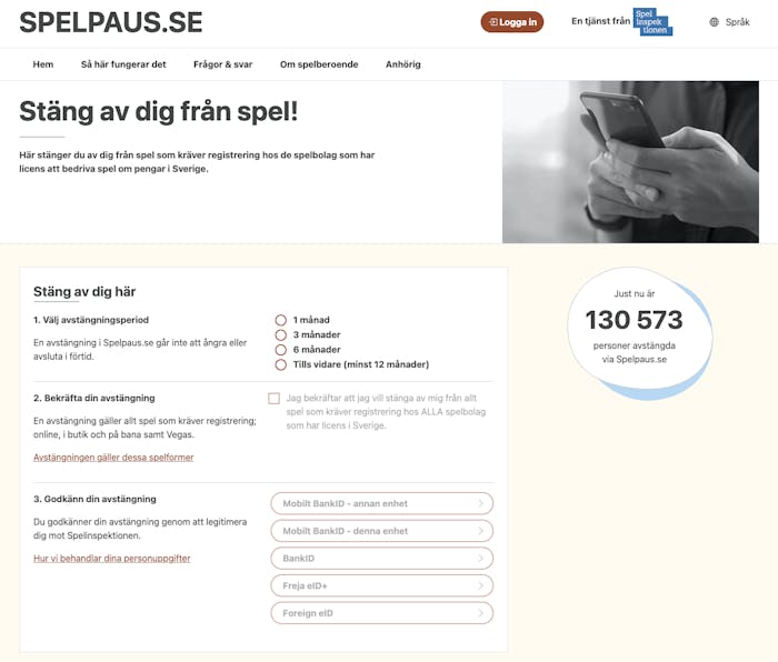 Spelpaus startsida som visar hur man stänger av sig från spel samt hur många som är avstängda via verktyget just nu.