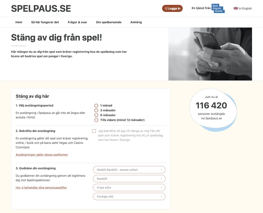 På Spelpaus startsida finns all information som behövs för att enkelt och smidigt kunna stänga av sig från spel.