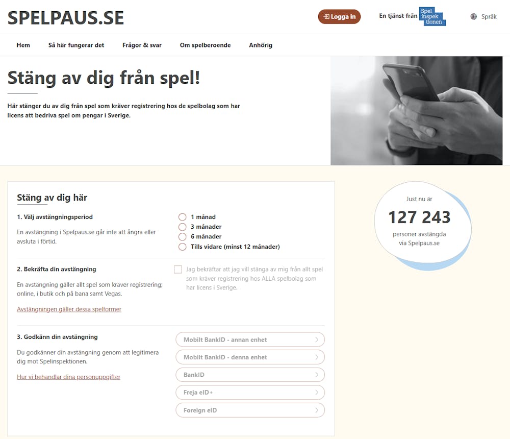 Spelpaus startsida som visar hur man stänger av sig från spel samt hur många som är avstängda via verktyget just nu.