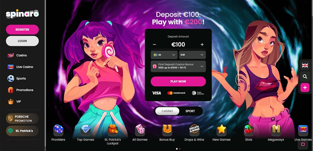 Första sidan på Spinaro Casino.
