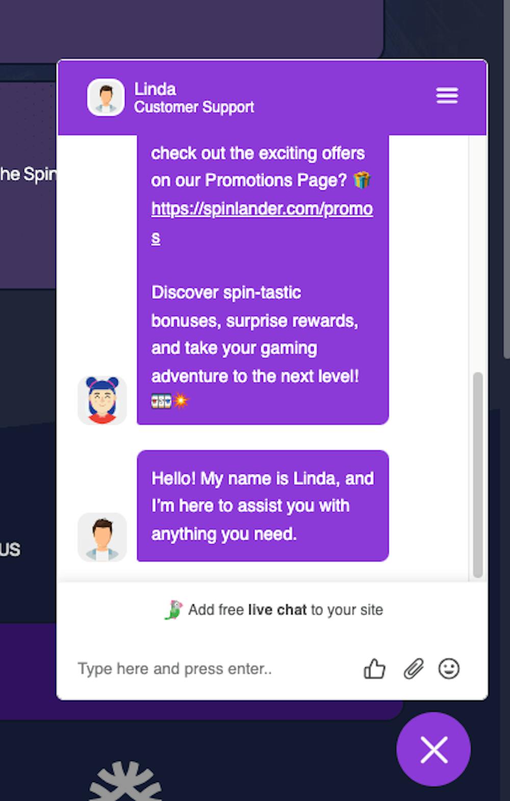 Spinlander kan nås via live chatt, kontaktformulär samt e-post. Här visas live chatten.