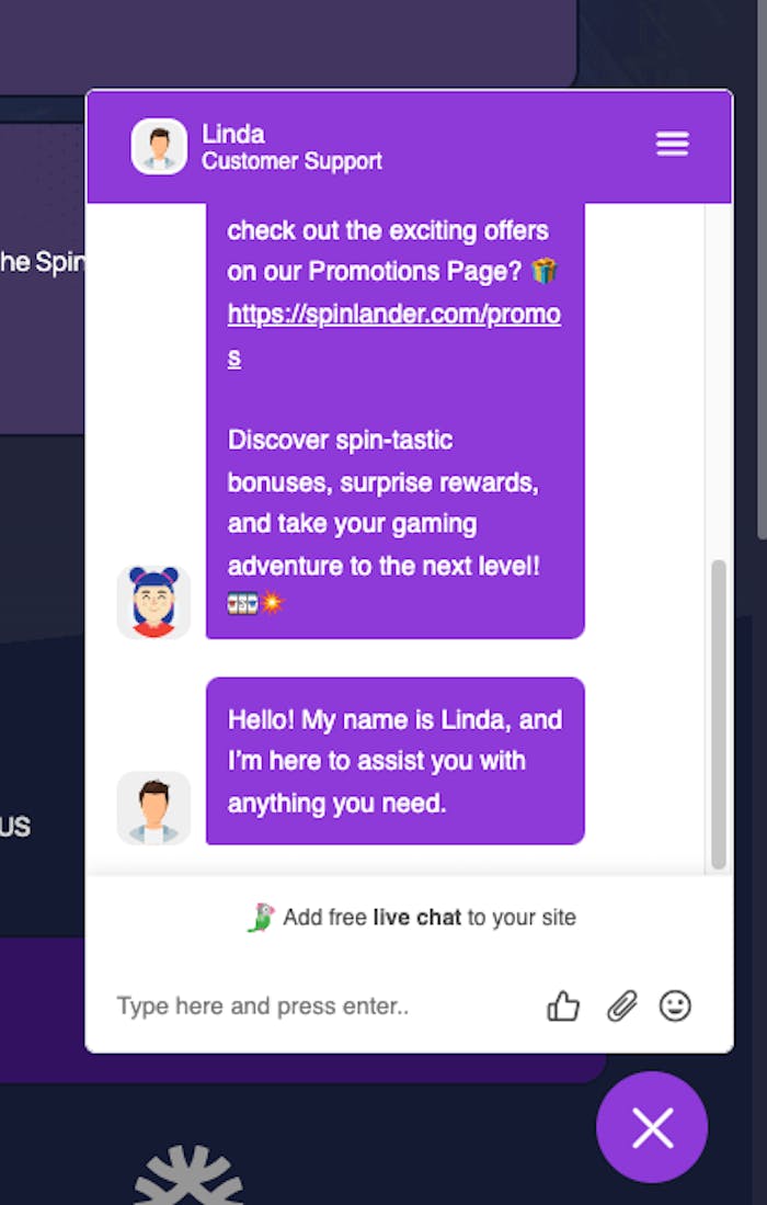 Spinlander kan nås via live chatt, kontaktformulär samt e-post. Här visas live chatten.