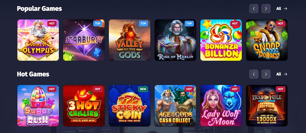 Spinlander har ett enormt spelutbud innehållande såväl slots och bordsspel som live casinospel. Här visas några populära titlar som Gates of Olympus, Starburst och Sugar Rush.