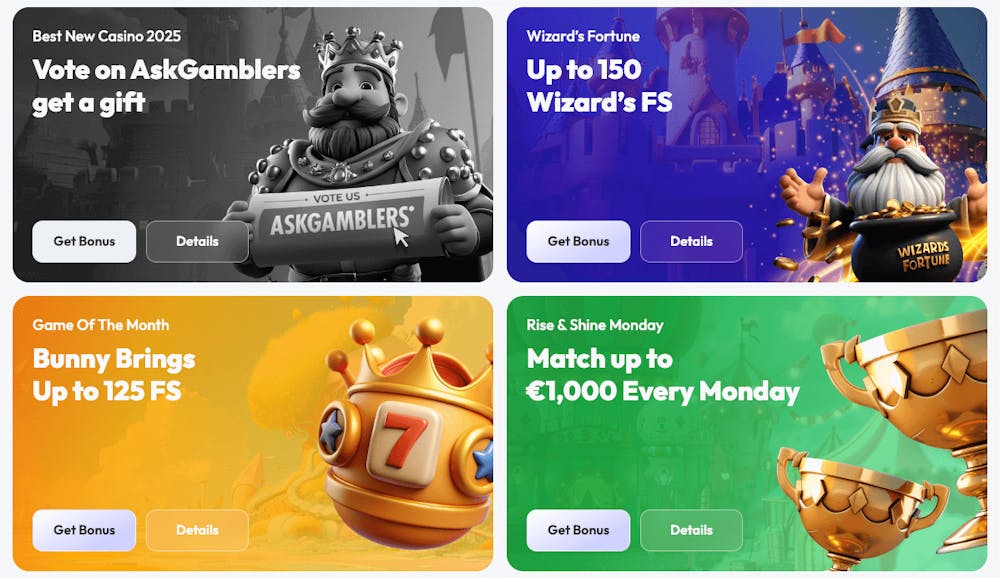 Här visas några av bonusarna som finns på Spinrise Casino. Bland annat listas Vote on AskGamblers och få en gåva, upp till 150 Wizard's free spins, och matcha upp till 1000 euro varje måndag.