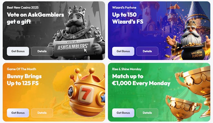 Här visas några av bonusarna som finns på Spinrise Casino. Bland annat listas Vote on AskGamblers och få en gåva, upp till 150 Wizard's free spins, och matcha upp till 1000 euro varje måndag.